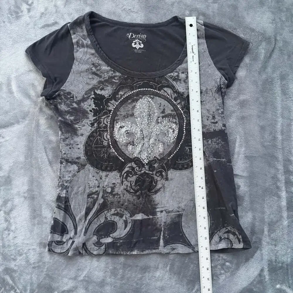 Dereon Fleur-de-Lis Rhinestone Graphic T-Shirt Size 1X - Picture 2 of 4